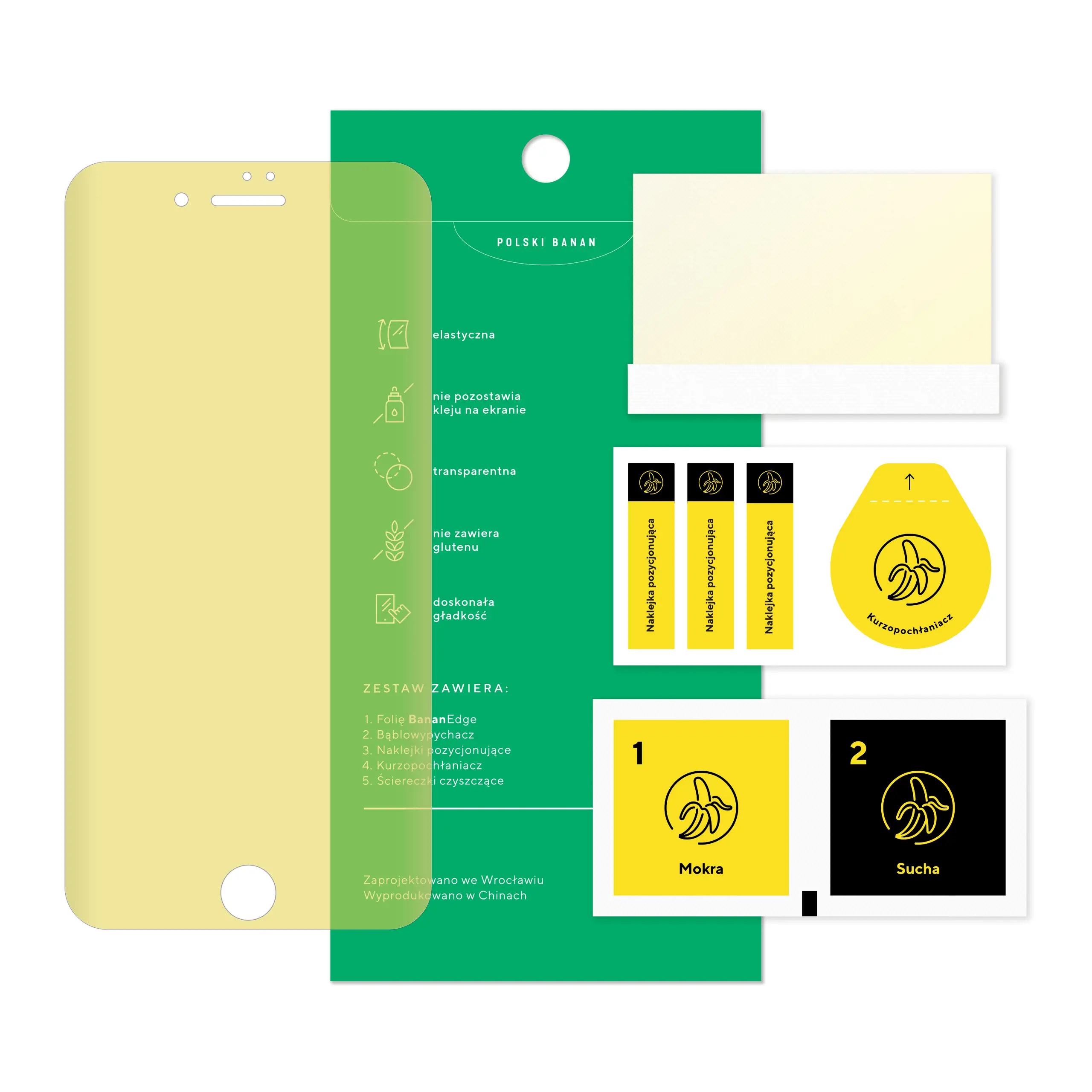 Zawartość zestawu folii ochronnej Polski Banan BananEdge do telefonu Apple iPhone 7 PLUS / 8 PLUS
